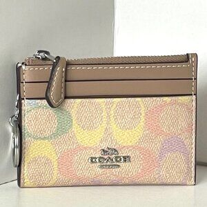 Coach Mini Skinny ID Case Rainbow Signature Canvas Yellow Keyring Wallet